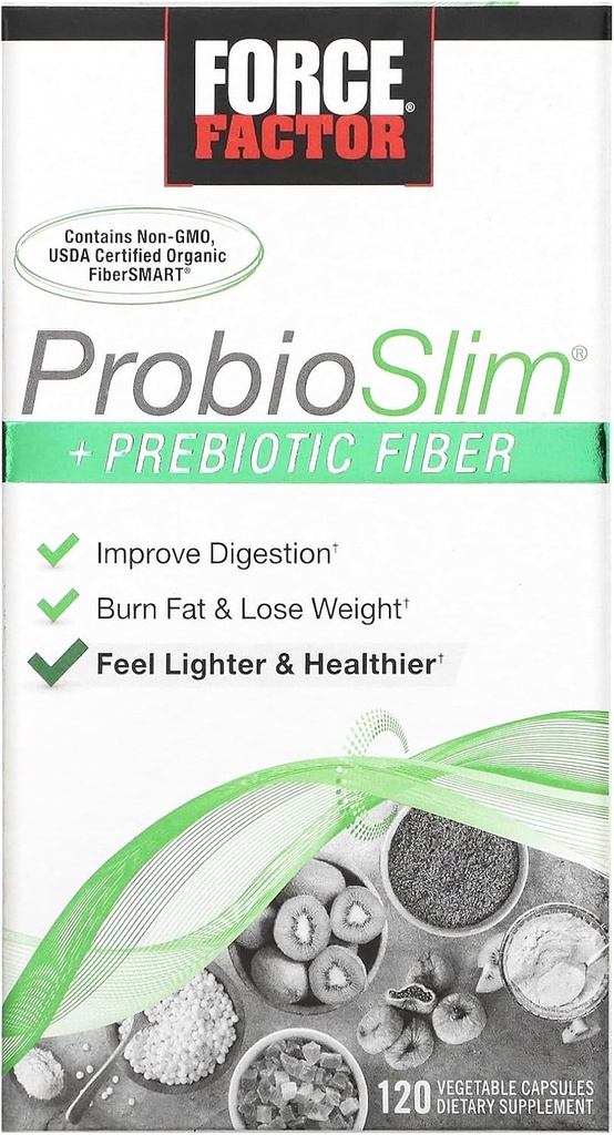 Fattore di Forza ProbioSlim + Prebiotico Fibra di perdita di peso Supplemento per le donne e gli uomini, Probiotico e Prebiotico Digestive Health Support with Green Tea Extract and Psyllium Husk Fiber, 120 capsule