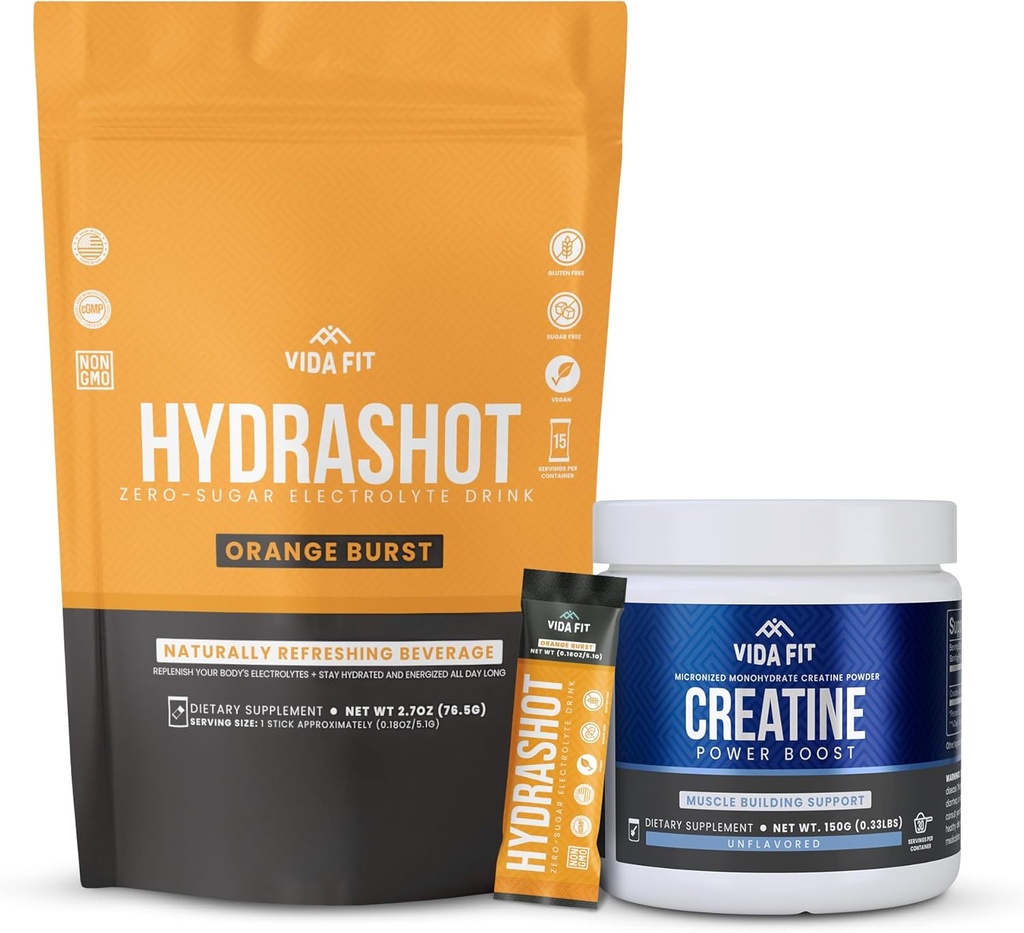 Hidratazioa eta errendimendua Bundle: 150g Micronized Creatine Monohydrate & Hydrashot Orange Electrolyte Hydration Powder (15 zerbitzatu) - Sugar-Free, Vegan eta Perfect Endurance eta Berreskuratzeko