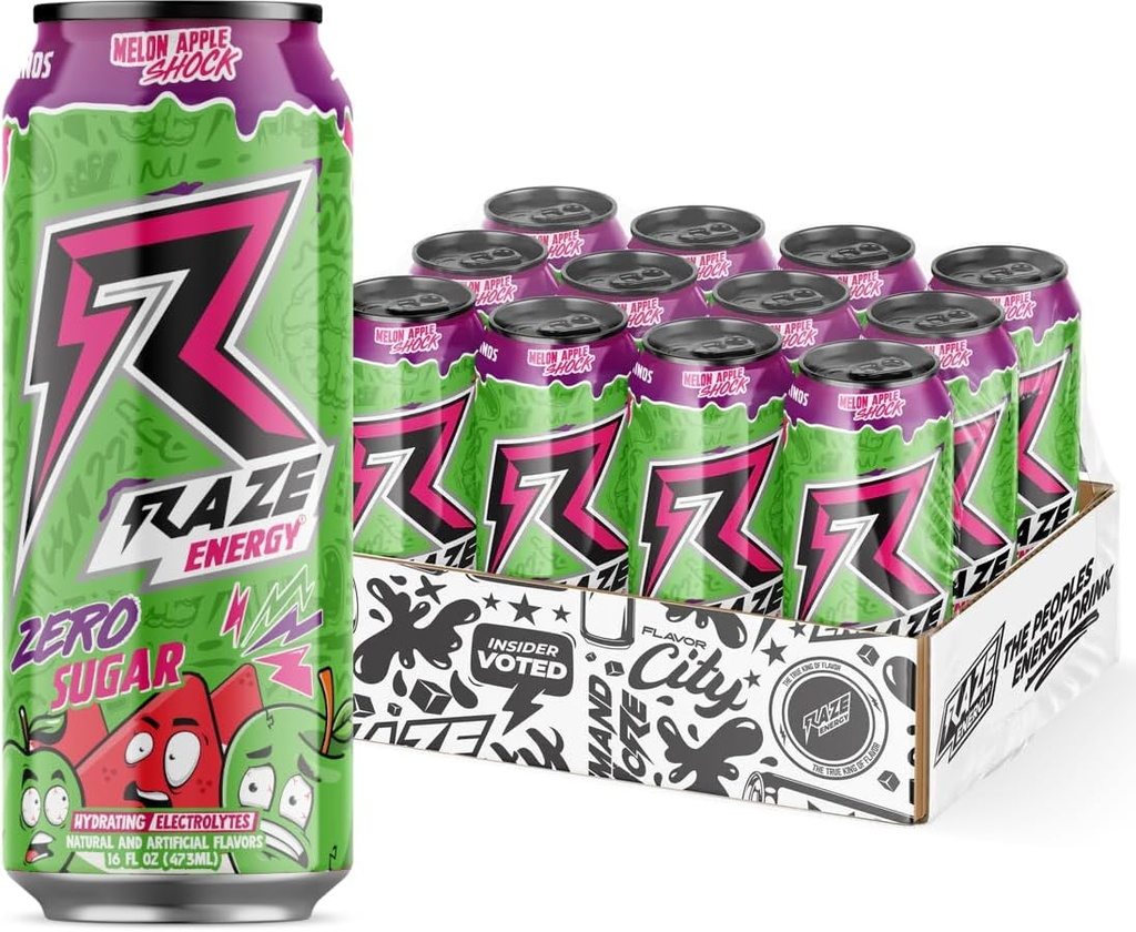 RAZE Zero Cukrinis energinis gėrimas, 300mg kofeinas, nulis kalorijų, performance and hydration, Prime Choice Cukraus nemokamai gėrimai už ilgalaikę energiją & Focus (Melon Apple Shock 12 Pack)