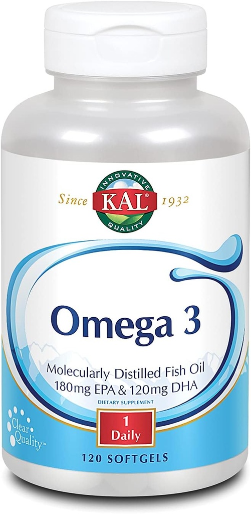 KAL Omega 3 → Omega-3 鱼油换健康心脏,联合和大脑支持 → 180mg EPA, 120mg DHA(120 CT,120 Serv)