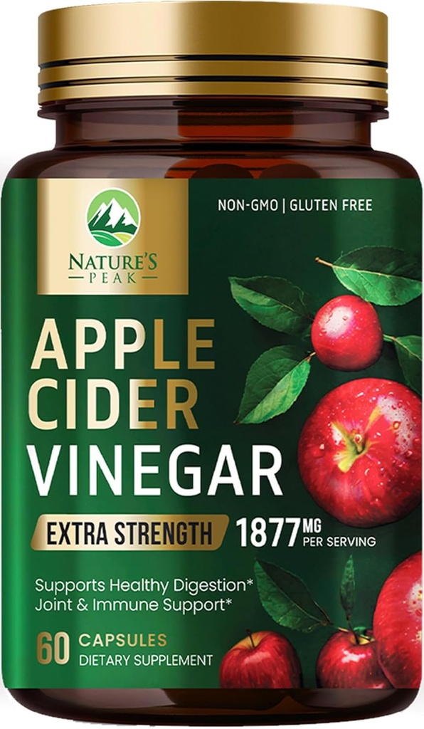 Apple Cider Vinegar Capsules ACV добавки 1877mg, Вітамін D3, цинк та найкращі ACV добавки таблетки Підтримка Gut Здоров'я для поліпшення травлення, імунітет підтримки, Non-GMO & Gluten Free, 60 капсули