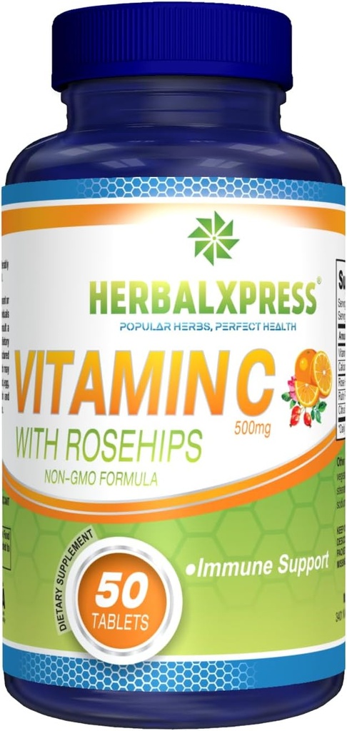 Herbalxpress Vitamin C 500mg dengan Rose HIPS, Ascorbic Acid & Citrus Bioflavonoid 50 Tablets (1 Tub) - Sebuah Duo yang Lengkap mendekati Sistem kekebalan tubuh Anda.