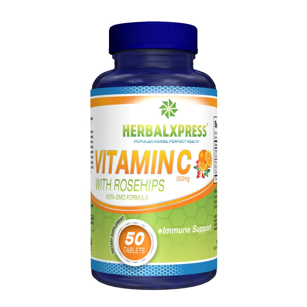 Herbalxpress Vitamin C 500mg with Rose HIPS, Ascorbic Acid & Citrus Bioflavonoids 50 Tablets (1 Tub) - The Powerful Duo:- A Complementary Approach to Boost Your Immune System.