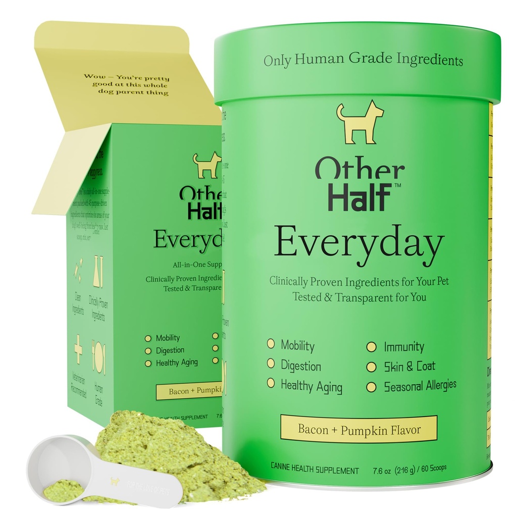 Other Half Everyday - Dog Multivitamin Supplement - Daily Joint, Gut, Allergy, Immune, Urinary Tract Support, Skin, Coat & More - Glucosamine, Chondroitin, Omega 3 & Probiotics | 45 Active Ingredients
