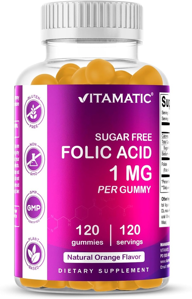 Vitamatic Folic Acid Gummies 1000 mcg (1 mg) - ein essentielles pränatales Vitamin für Mutter & Baby - Vitamin B9-120 Vegan Gummi (1)