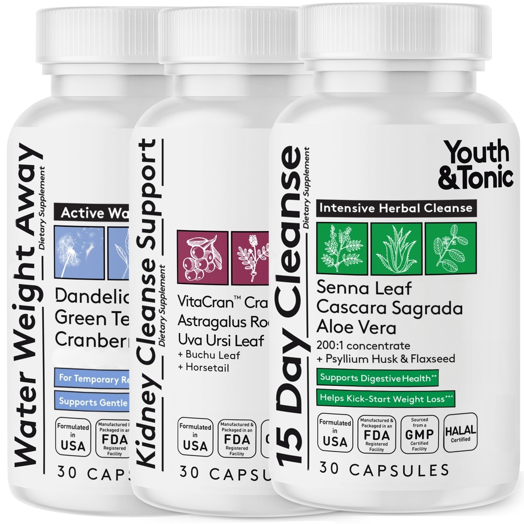 Youth & Tonic Complete Multi-Organ Detox Support – 15 Day Colon Cleanser & Gut Detox, Kidney Cleanse, Water Balance & Liver Health, 90 Pills for Women and Men