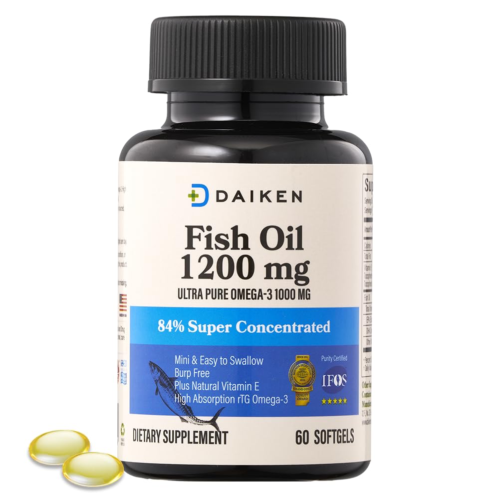 DAIKEN Mini Fish Oil 1200 mg, rTG Omega 3 1000mg, 60 Softgels, High Absorption & Burpless Fish Oil for Healthy Heart, Brain and Dry Eyes Support