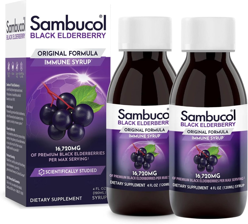 Sambucol Black Elderberry Syrup - Sambucus Elderberry Syrup, Black Elderberry Liquid, Immune Support för barn och vuxna, höga antioxidanter, Gluten Free - Original Formel, 4 Fl Oz, 2-Pack