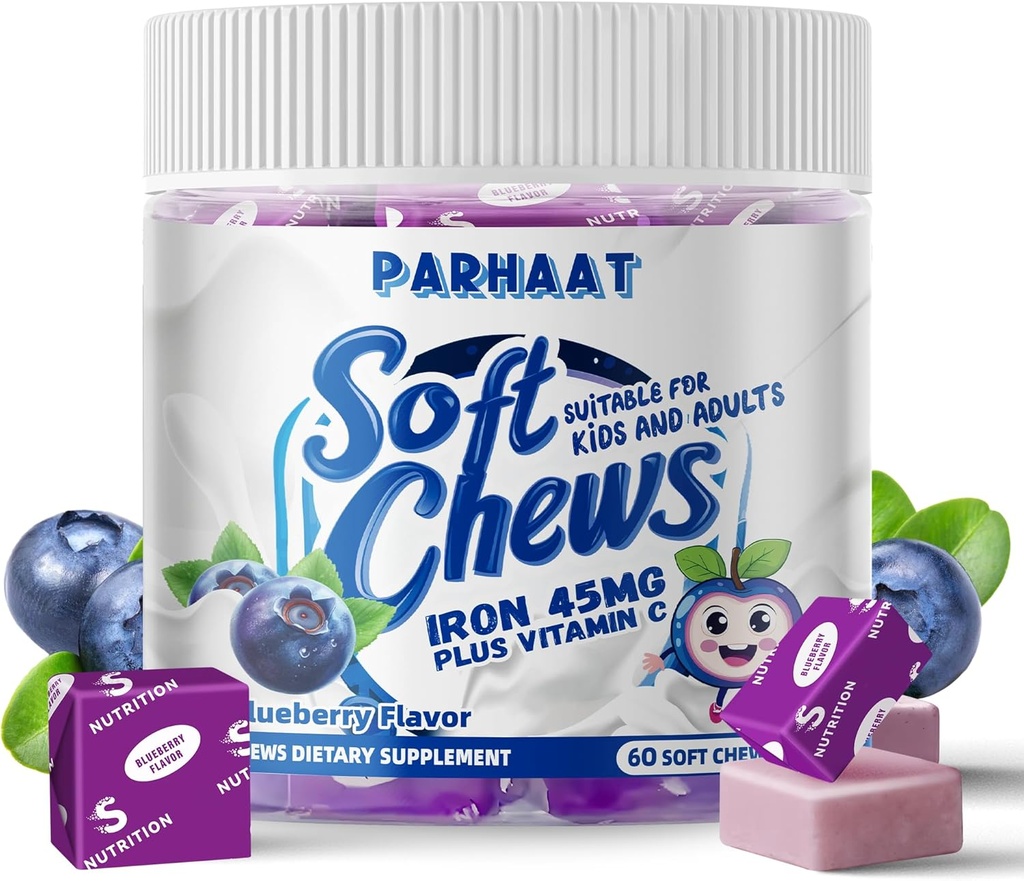 Iron Soft Chew Suplemen dengan Vitamin C 124; Blueberry Flavored 124; Gluten Free Supplemen Besi Pria dan Anak-Anak 124; 60 Count 124; 2 Bulan Suplai