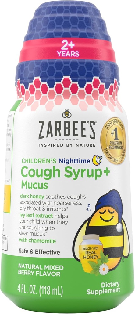 דבש הילדים של זרבי - Cough Syrup + Mucus for Kids 2+ + Dark Honey, Ivy Leaf, & Calming Chamomile, #1 Pediatrician מומלץ, סמים ואלכוהול חינם, מעורב ברי, 4 oz.