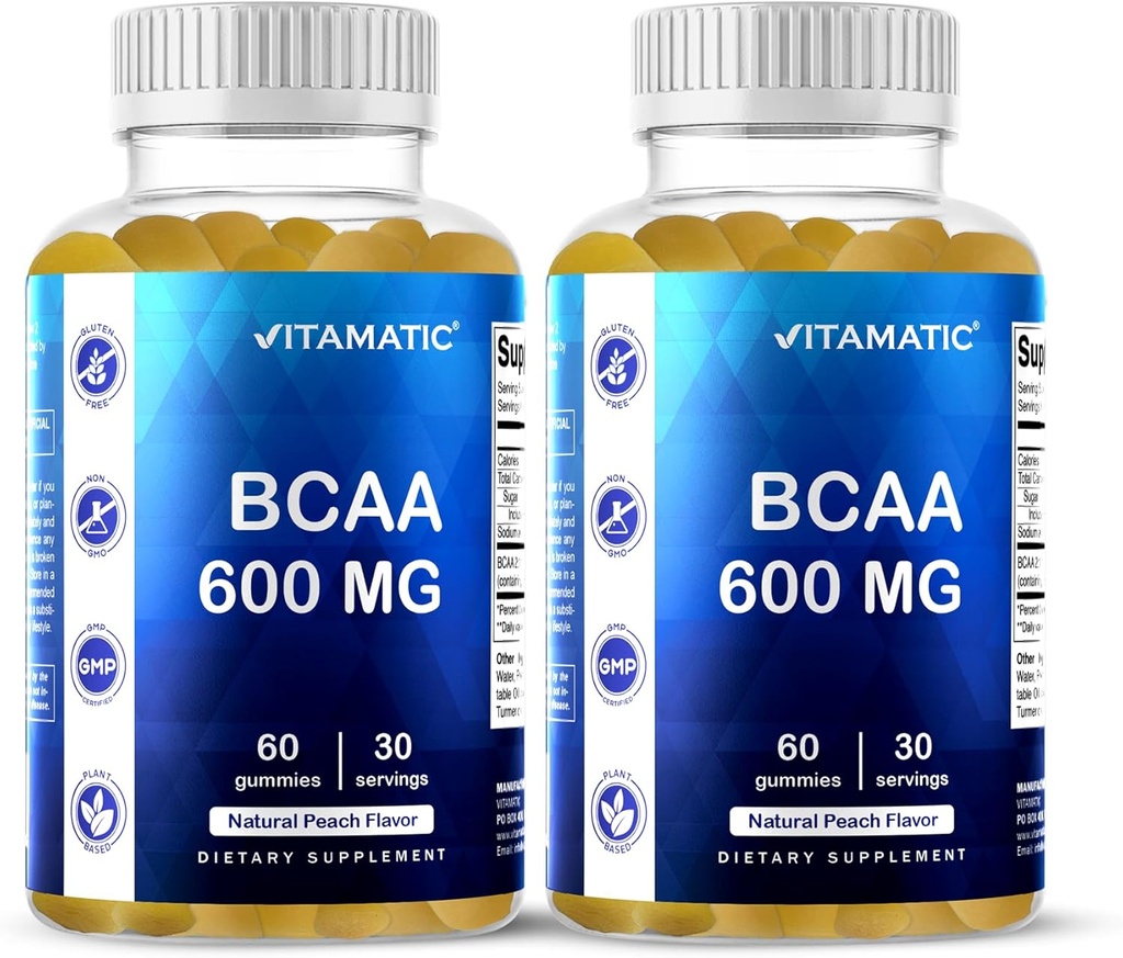Vitamàtic BCAA Gabyes - La cadena Amino Apixs - Peach Flavor - 600mg per Serving - 60 Vegan Pectalin Based Gambrases (polles)