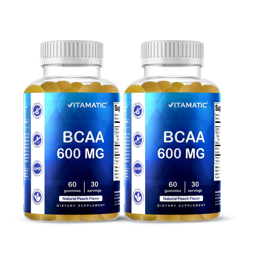 Vitamatic BCAA Gummies - Branch Chain Amino Acid Supplements - Peach Flavor - 600mg per Serving - 60 Vegan Pectin Based Gummies (2 Bottles)