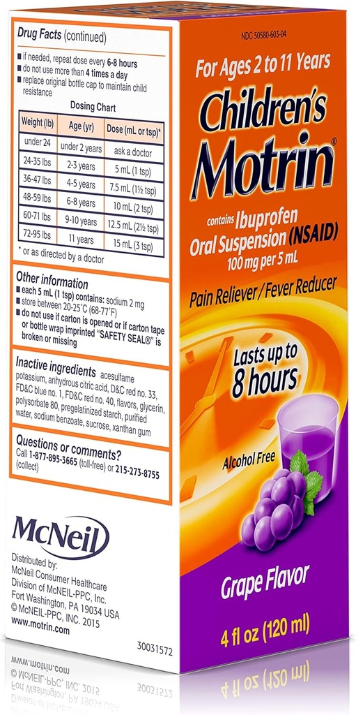 Motrin Children's Oral Suspension Grape Flavor - 4 oz, Pack of 4