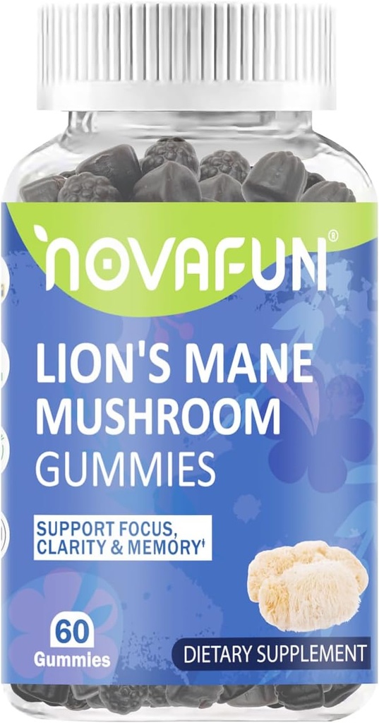 Lion's Mane Mushroom Gummies – 1000mg priekš Focus & Kognitīvā atbalsta, Vegetarian & Gluten-free, Jauktas Berry Flavor, 60 Count