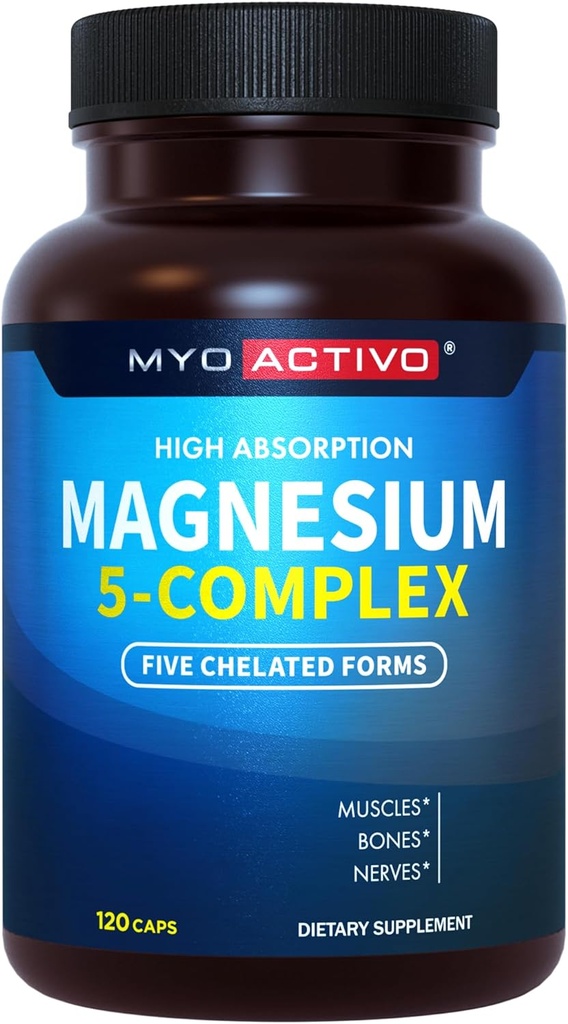 5-i-1 Magnesiumkomplex - Hög Absorption - Chelated Magnesium Glycinate, Malate, Citrate, Taurate och Aspartate för Nerves, Muscles, Bones | 120 kapslar | Magnesium Supplement