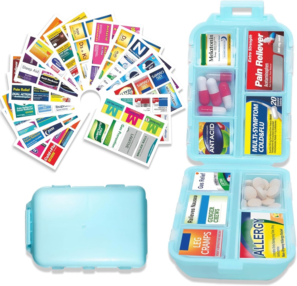 Pill Organizer with Medicine Labels 146 Labels Travel Daily Pill Container Mini Mei Medication Organizer Travel Essentials Pill Case 7 Day (Blue, 1 Pack(Large))