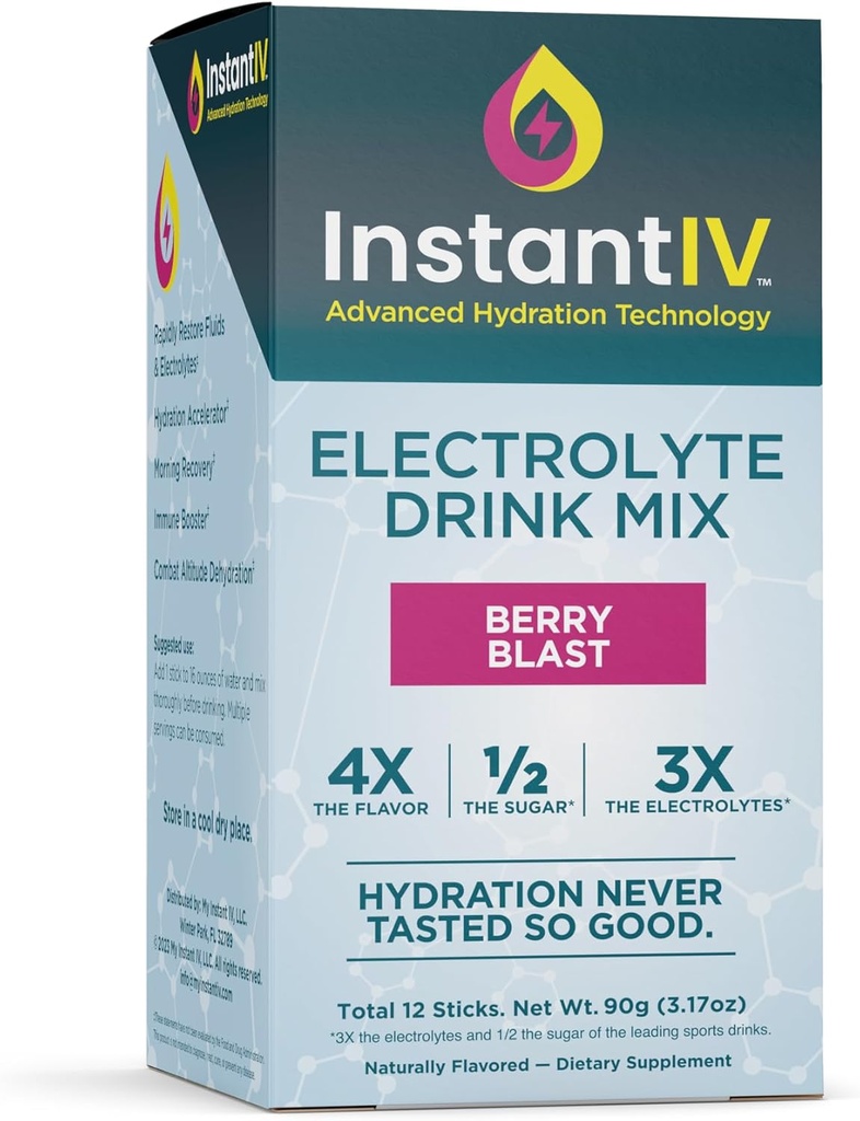 Elektrolyser pulver - 3X Elektrolytter, 1/2 Sukker med vitamin C, B3, B6, Elektrolysere pulverpakker for Hydrasjon, Recovery & Immunity, Vegan & Glutenfri | Berry Blast - 12 Pakker
