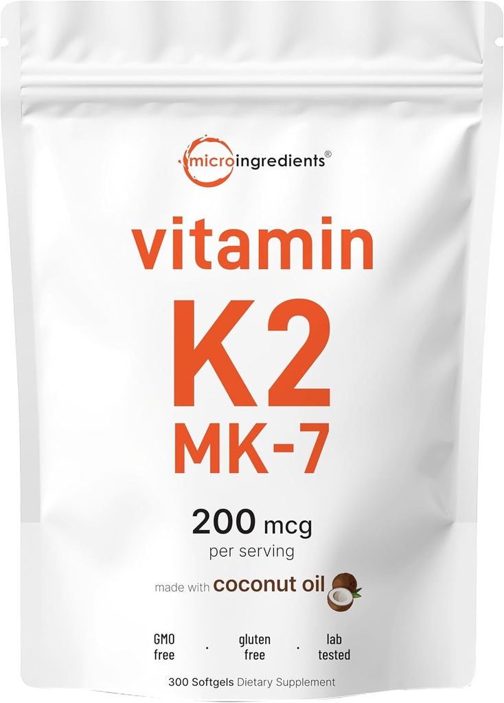 Micro Ingredients Vitamín K2 MK-7 Supplement, 200 mcg Per Serving, 300 Coconut Oil Softgles 