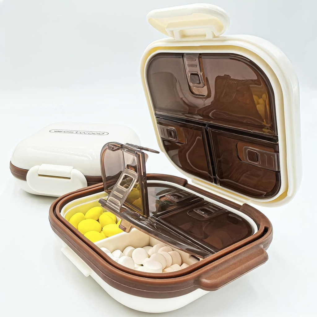 Összehajtható kis pirula esetében 7 nagy részlegek, könnyen nyitható napi Pill Box Purse, Travel Pill Organizer Pill Pill Tartály Pill Holder Vitaminok, kiegészítők és gyógyszerek (Beige)