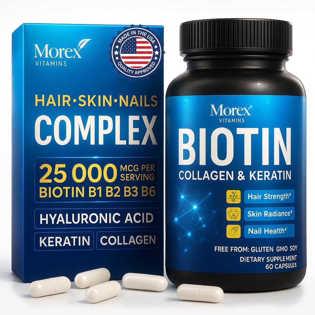Biotin Collagen Keratin Supplement with Hyaluronic Acid - 25,000 mcg Hair Growth Vitamins for Men and Women - Thickness & Hair Loss Support Complex - Stronger Nails & Healthy Skin - 60 Capsules