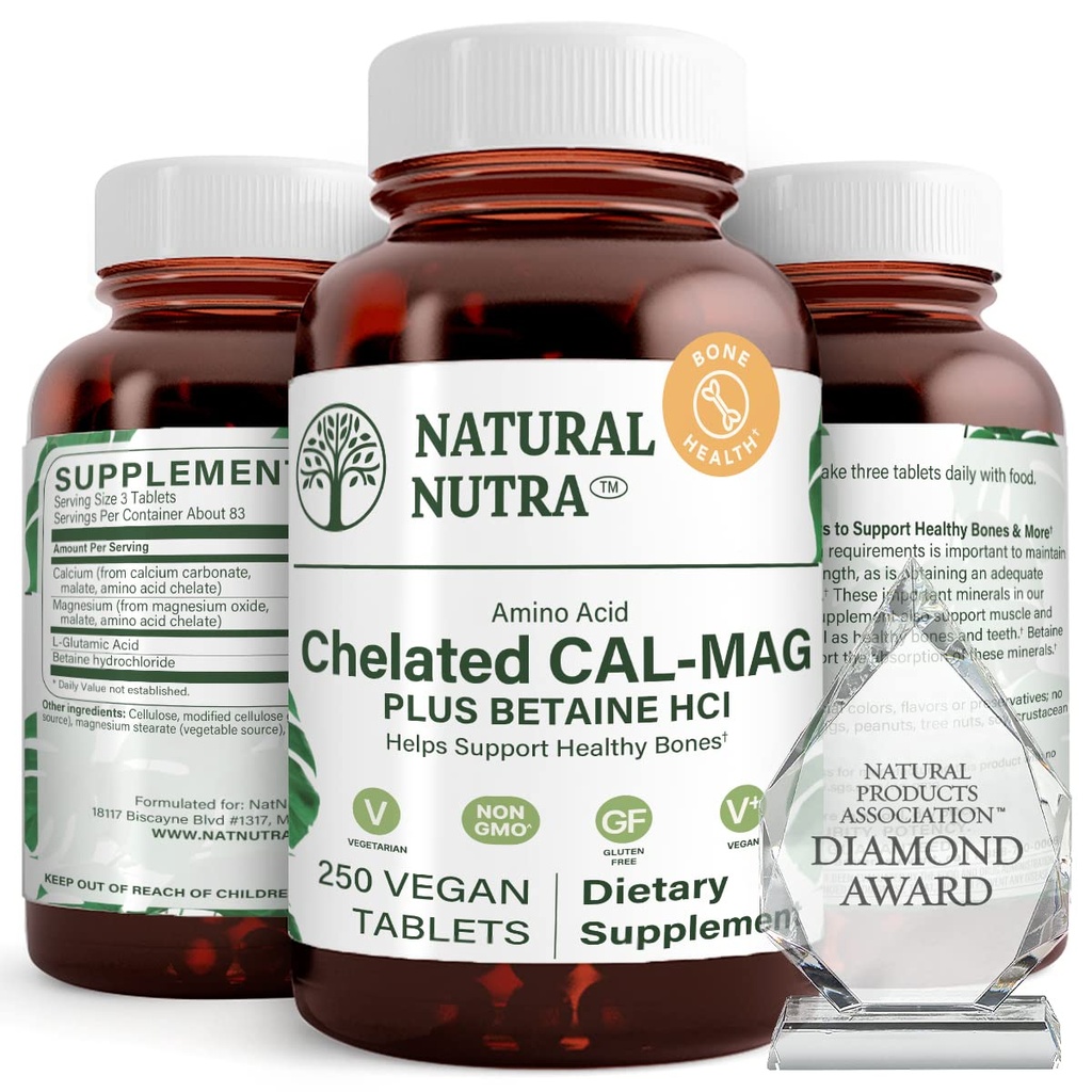 Natural Nutra Chelated Calcium Magnesium 1000/500 mg Supplements Plus Betaine HCL - Chelated Cal Mag Improves Bone Density, Supports Muscle, Teeth, Cardiovascular & Nerve Health, 250 Vegan Tablets