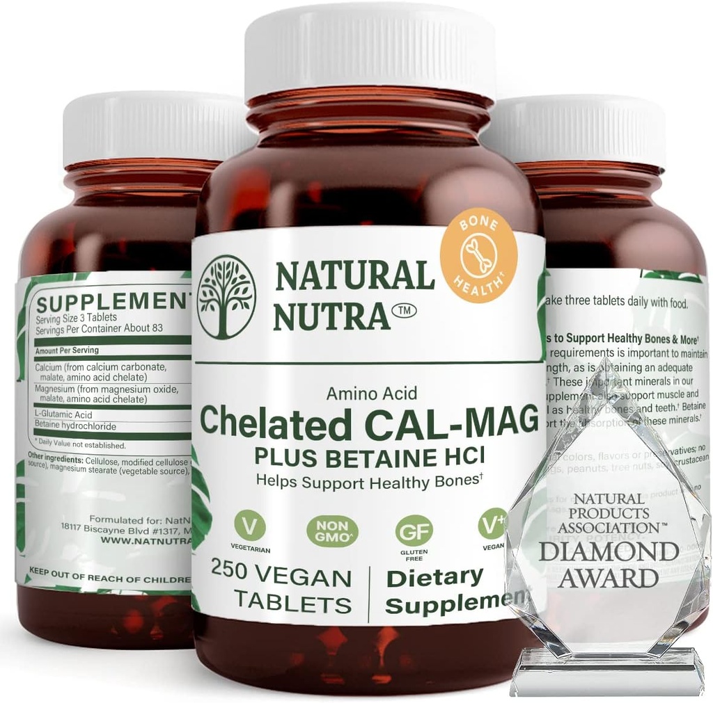 Natural Nutra Chelated Calcium Magnesium 1000/500 mg Supplements Plus Betaine HCL - Kelaaditud Cal Mag parandab luutihedust, toetab lihaseid, hambaid, südame-veresoonkonna ja närvide tervist, 250 Vegan tabletti