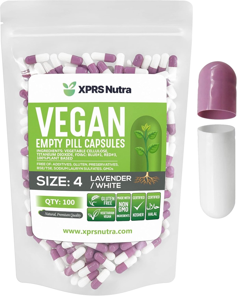 XPRS Nutra Tamaño 4 cápsulas baleiras - 500 Conde pequenas cápsulas veganas baleiras - pílulas vexetarianas - recheo de cápsulas DIY - Do-It-Yourself Veggie Caps for Supplements (Lavender/White)