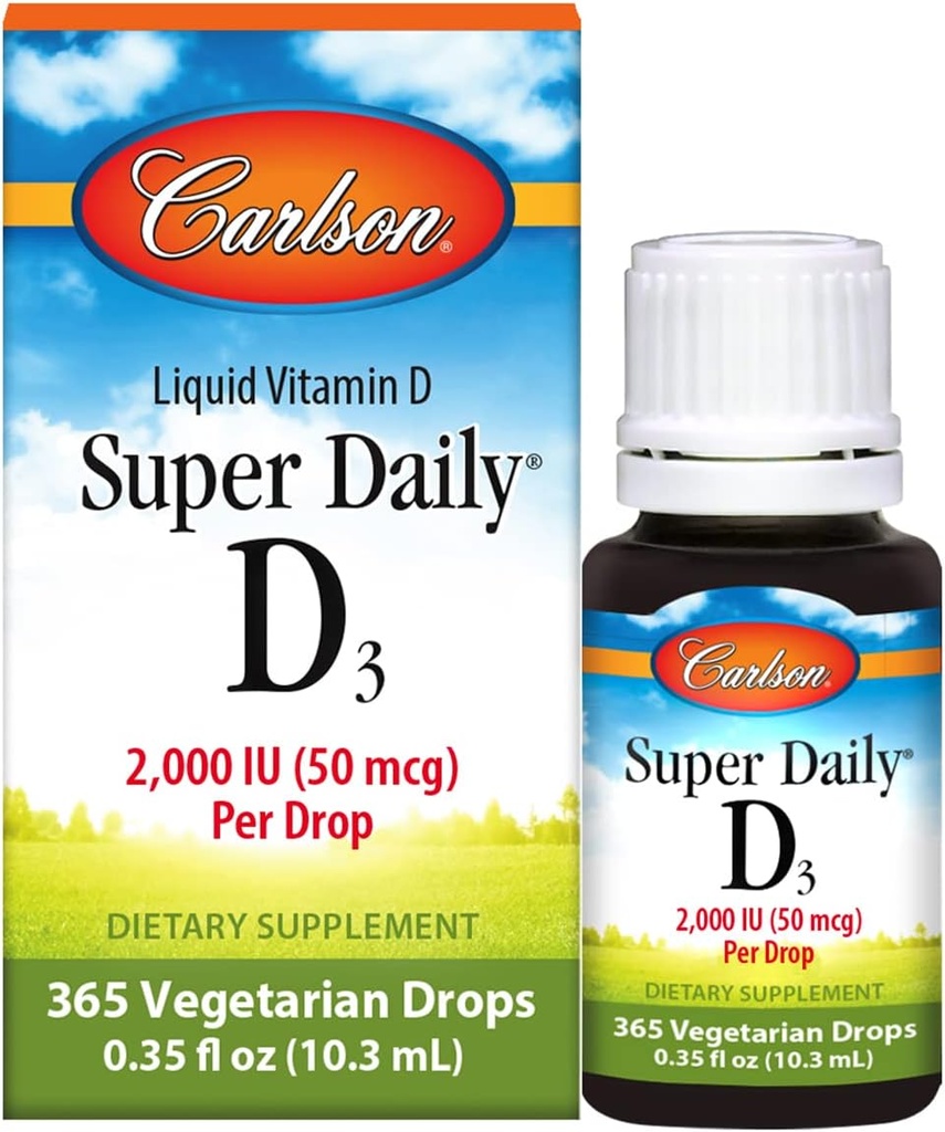 Carlson - Super Daily D3, Witamina D Dropy, 2000 IU na kroplę, 1-Rok dostaw, Witamina D3 Płyn, Serce i zdrowie immunologiczne, Wegetarianin, Płynna Witamina D Dropy, Unflavored, 365 Krople