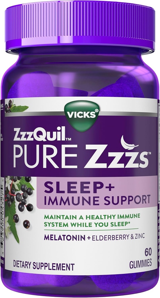 ZzzQuil Pure Zzzs Sleep + Immune Support Melatonin Sleep Gummies with Elderberry, Zinc, Chamomile, Lavender, & Valan Root, 1 מ"ג למגמי, 60 ct