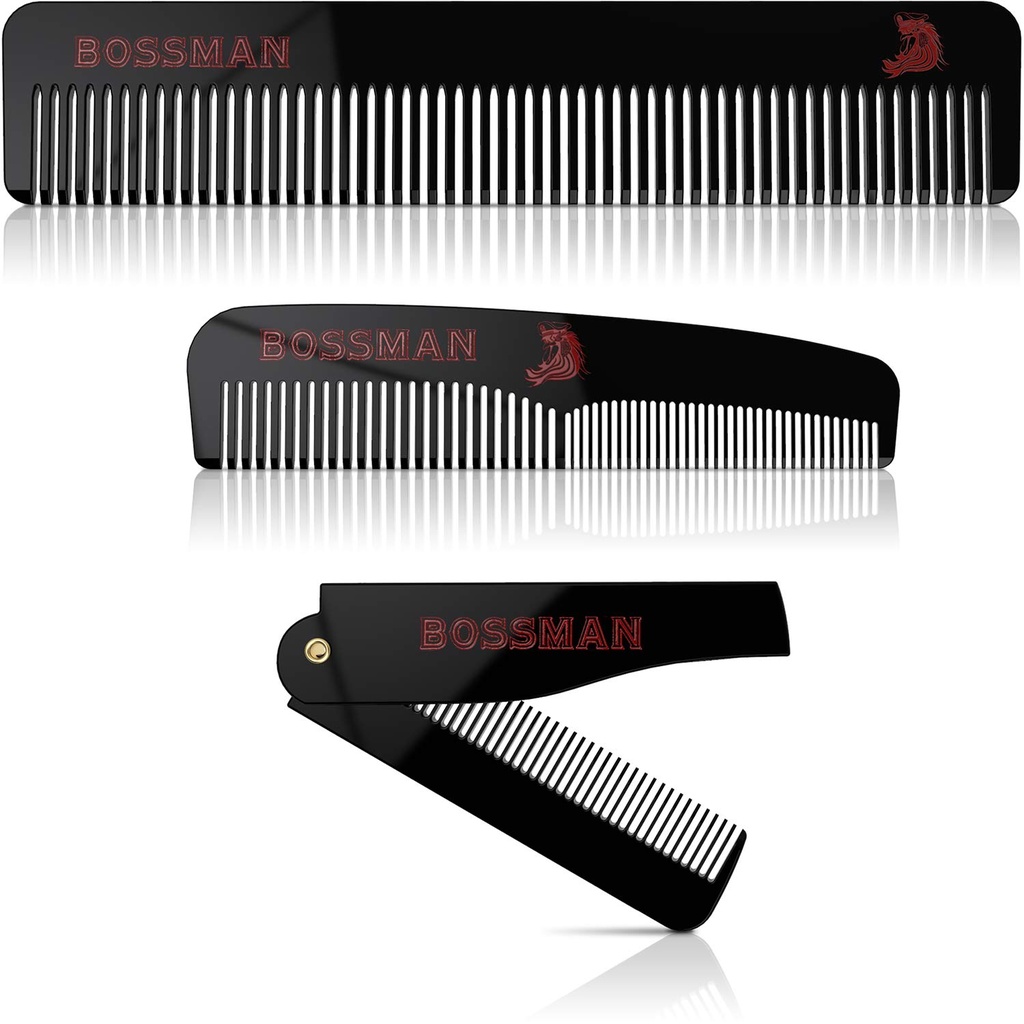Bossman Acetate Beard, Mustache, & Hair Comb Set de 3 - Combs for Men with Minimalistic Magnetic Box (7.5-Inch, 5-Inch, 3.5-Inch) - Características dentes redondos, dentes dobres e deseño pregable