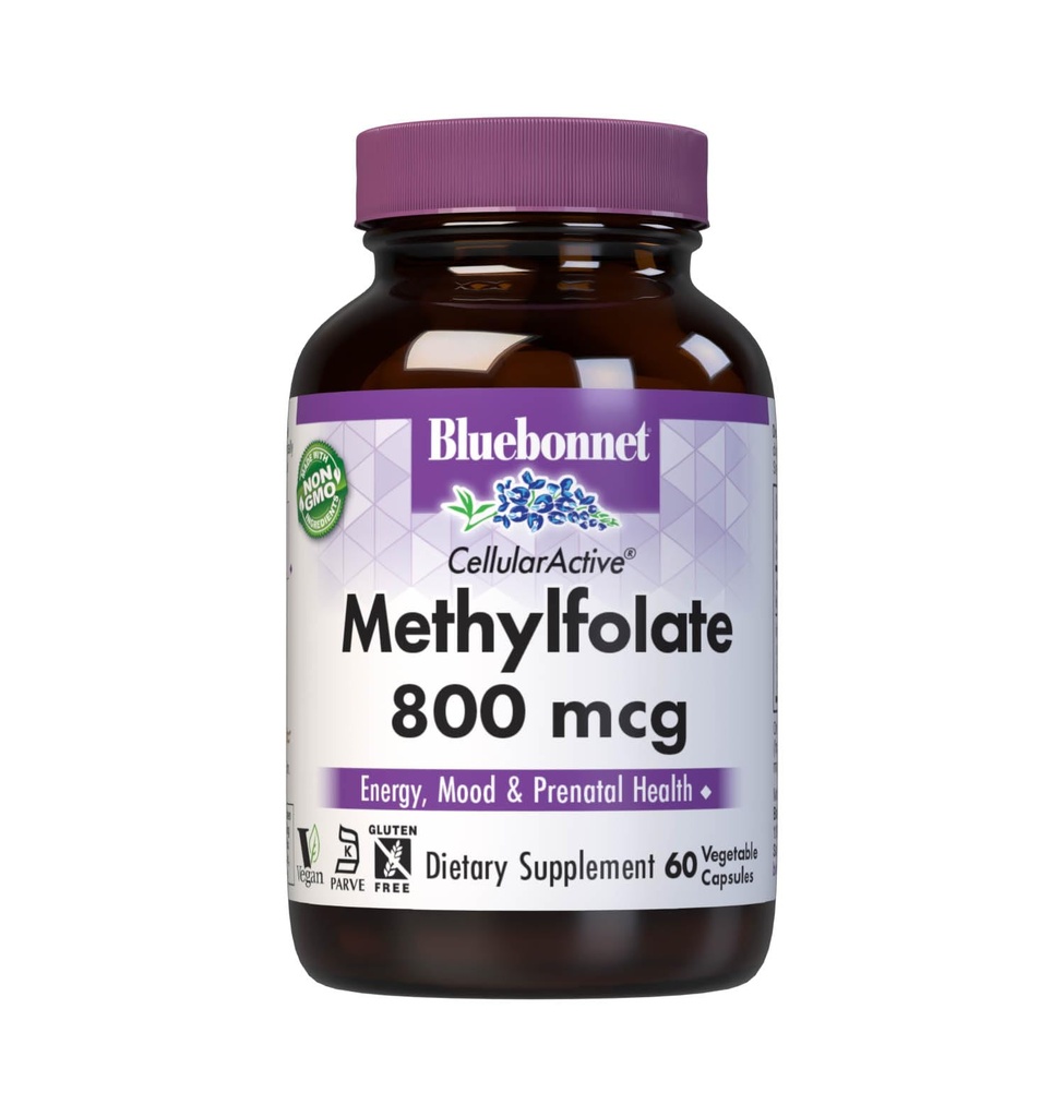 BlueBonnet Nutrition CellularActive Methylfolate 800 mcg – Formulated with Quatrefolic - for Energy, Mood, and Prenatal Health - Vegan, Gluten-Free, Non-GMO, and Kosher – 60 Capsules – 60 Servings