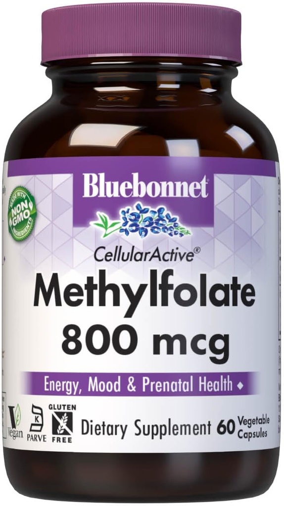BlueBonnet Nutrition CellularActive Methylfolate 800 mcg – Formulated with Quatrefolic - for Energy, Mood, and Prenatic Health - Vegan, Gluten-free, Non-GMO, και Kosher – 60 Κάψουλες – 60 Σερβιέτες