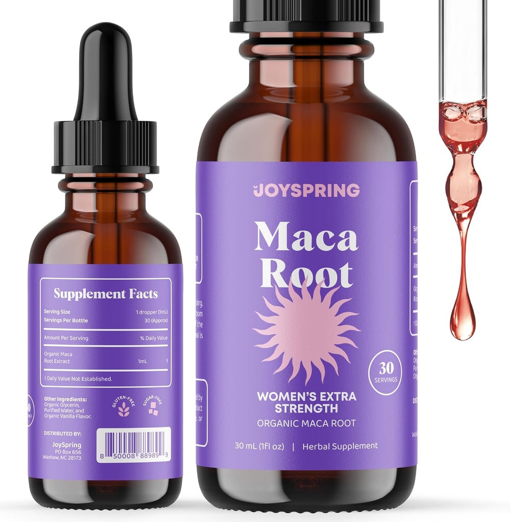 JoySpring Organic Maca Root flytende dråper for kvinner – Energi og velvære Perun Maca Supplement – Nye mamma gaver – med vitaminer B2, B6, Niacin (B3), jern og kalsium – 1 oz | 30 serveringer