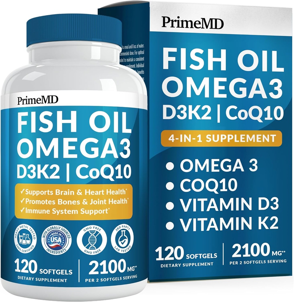 4 in- 1 Minyak Ikan Omega 3 Suplemen Gendut (2100mg) - Omega 3 Minyak Ikan dengan Vitamin D3 K2 dan CoQ10 - Lemon Flavored (120 softgel)