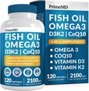 4-in-1 鱼油 Omega 3 脂肪补充剂(2100mg) - Omega 3 鱼油加维生素 D3 K2和CoQ10 - Lemon Flawared (120软胶)