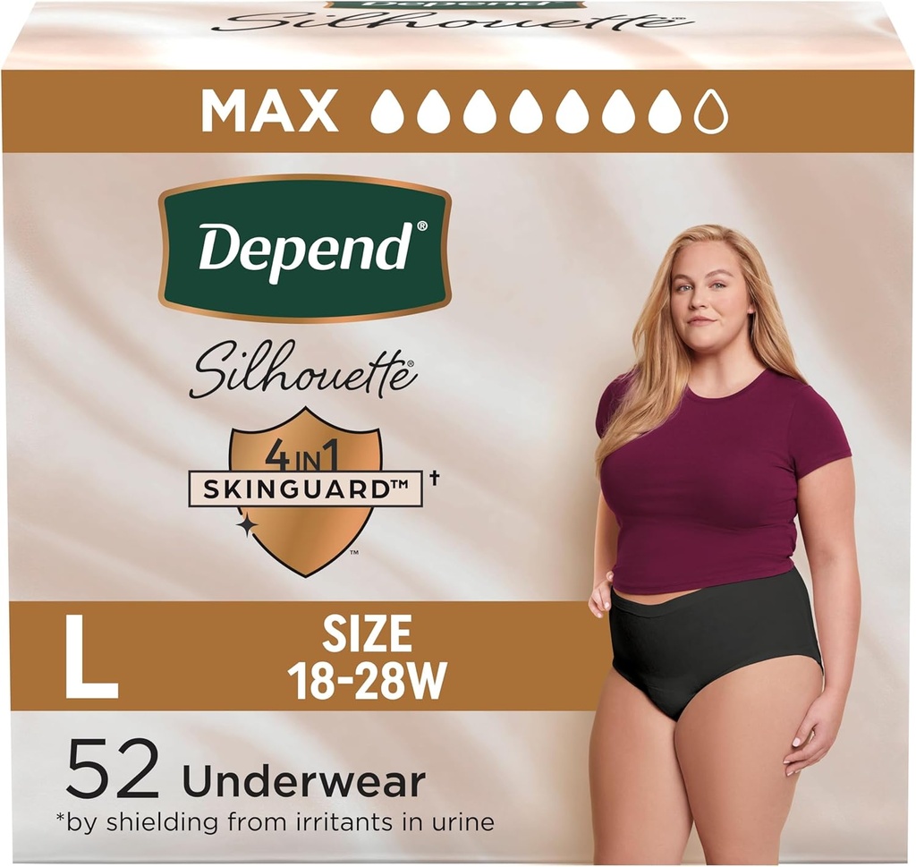 Depend Silhouette Adult Luiers, Incontinence & Postpartum Bladder Leak Ondergoed voor Vrouwen, Maximale Absorbency, Groot, Zwart, 52 Tel (2 Packs van 26), Verpakking mei Vary