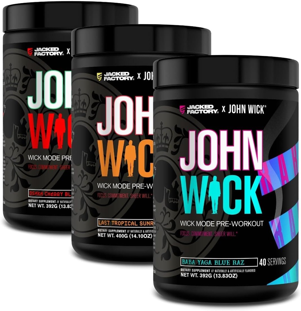 Factory X John Wick - Wick Mode Pre Workout Powder - Intense Energy, Battle-Ready Focus, Unstoppable Commitment, and Sheer Will - 120 Servings (3-Pack)