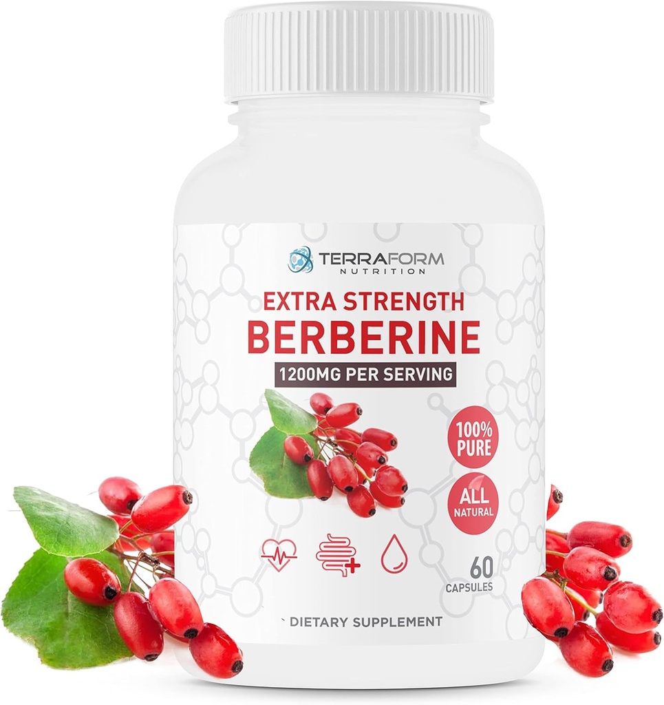 Berberiini Supplement - 1200mg Max Strength berberiini HCl Per Serving - puhdas berberiini - 60 kapselia, 600mg Jokainen - 1 kuukausi Supply - TerraForm Nutrition