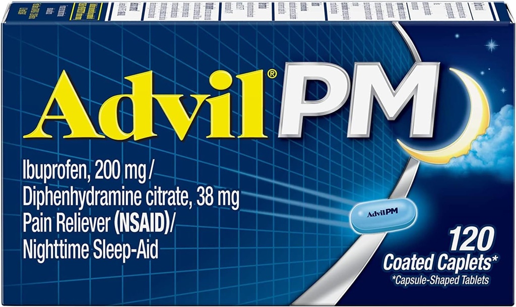 Advil PM (120 greve) Smerte Reliever/Nighttime Sleep Aid Coated Caplet, 200 mg Ibuprofen, 38 mg Diphenhydramine (Pack of 2)