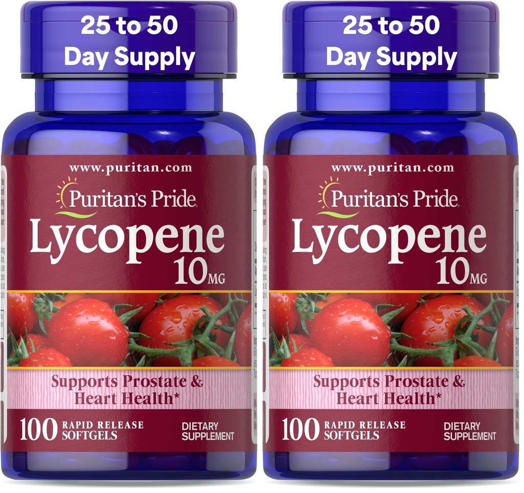 Puritan's Pride Premium Lycopene 10mg, Dietary Supplement for Prostate, Antioxidant, Heart Health, and Overall Health Support, 100 Softgels (Pack of 2)