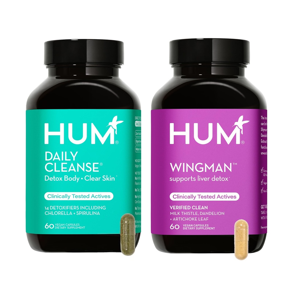 HUM Full Skin and Liver Health Supplement from Nutrition, Wingman and Daily Cleanse A Green Detox & Milk Thistle for Skin Care Support and Liver Health, 2 Pack Bundle, 60 Vegan Capsules
