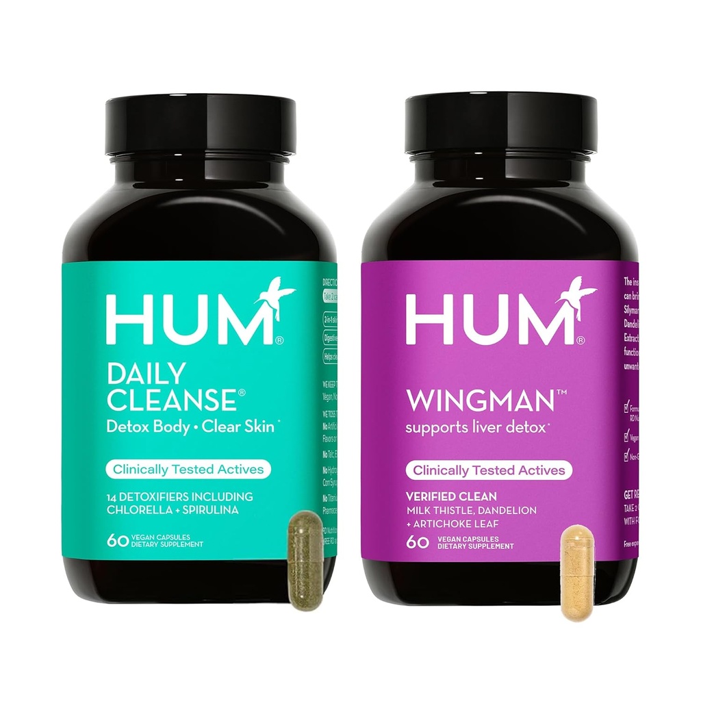 HUM Full Skin and Liver Health Supplement von Nutrition, Wingman und Daily Cleanse Eine Green Detox & Milk Thistle für Hautpflege und Lebergesundheit, 2 Pack Bundle, 60 Vegan Capsules