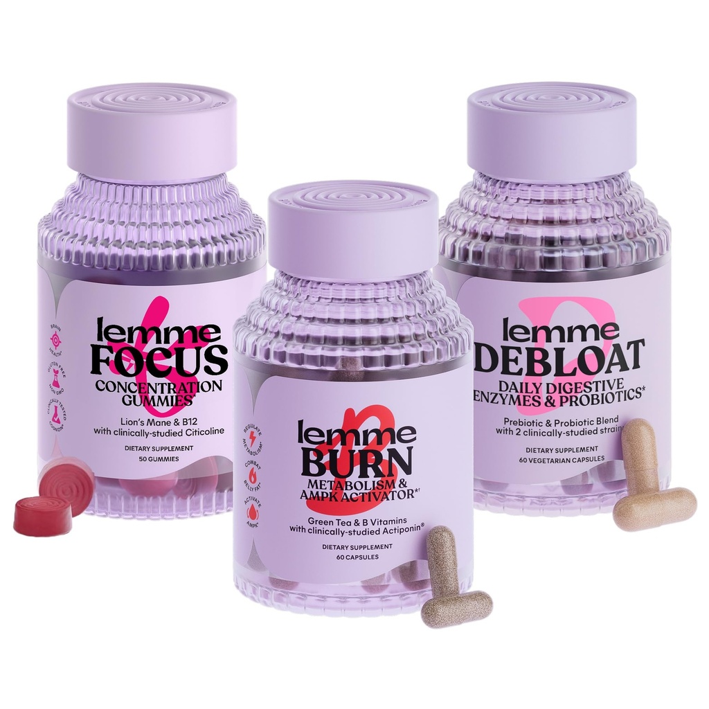 Lemme Burn, Debloat & Focus Bundle | Metabolism & Fat Burning + Bloating & Gas Relief Capsules + Focus & Brain Health Gummies | Gluten-Free, Non-GMO | 60 Count Capsules & 50 Count Gummies