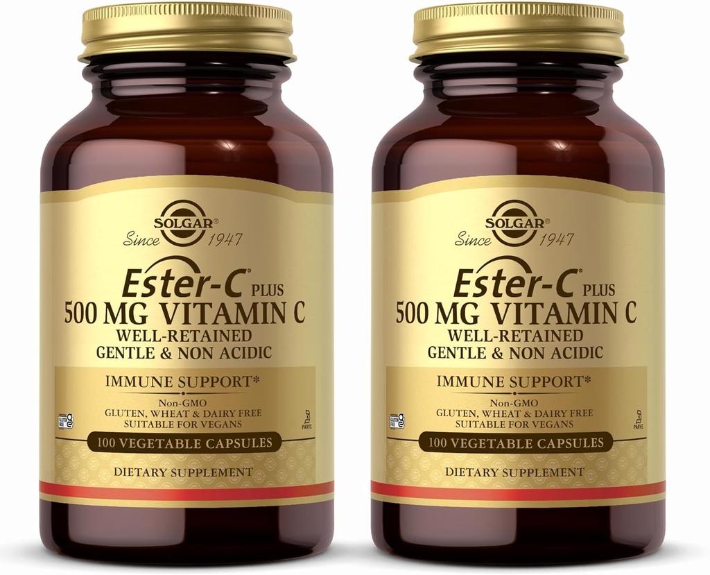 Solgar Ester-C Plus 500 mg Vitamina C (Complexo de Ascorbato) - 100 Cápsulas Vegetais, Pacote de 2 - Antioxidante e Suporte Imune - Não OGM, Vegan, Glúten Livre, Kosher - 200 Total Servings