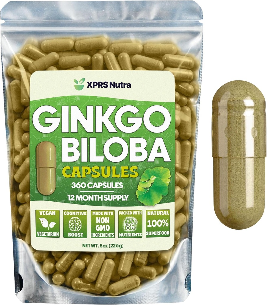 XPRS Nutra Ginkgo Biloba 캡슐 - Gingko Biloba는 Cognition을위한 캡슐화 된 보충제 - Vegan Friendly Ginkoba Biloba - Immunity Boosting Ginkgo Biloba 캡슐 - 360 개