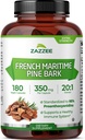 Zazzee Extra Strength French Maritime Pine Bark 20: 1 Ekstrakt, 350 mg kapsli kohta, 180 Vegankapslit, 95% proantotsüanidiinid, Kosher, 6 kuu tarnimine, standardiseeritud 20X ekstrakt, Non-GMO, valmistatud USA-s