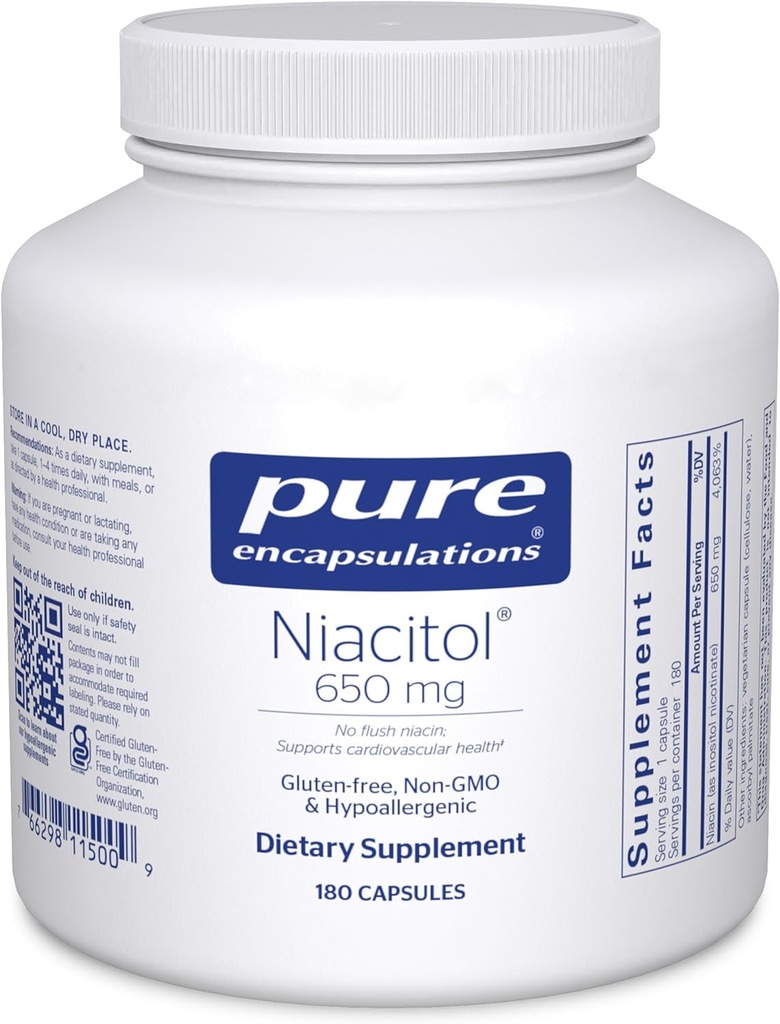 Encapsulacións puras Niacitol 650 mg | Niacina hipoalergénica Non-Flush para apoiar a dixestión, síntese hormonal e formación de tecidos | 180 cápsulas