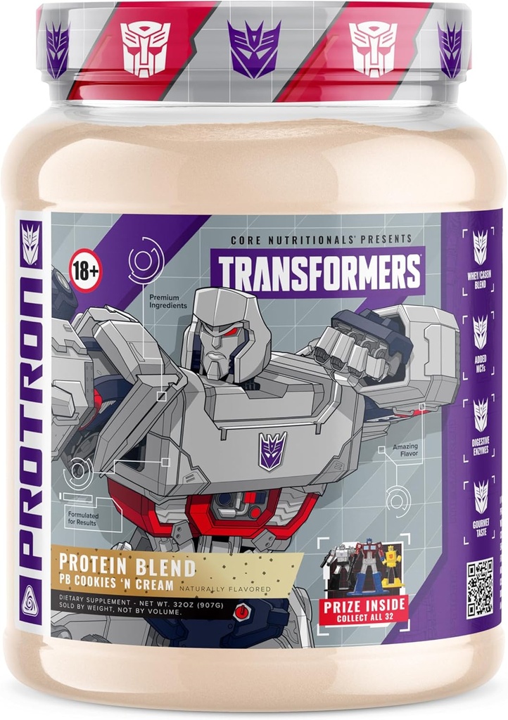 Core Nutronionals Transformers Protein 124; Whee + Casein Blend = 124; MCTs & Digetical Enzymes = 124; 25g Protein 124; Hadiah Bebas di dalam - Megatron 124; 2 Pound (PB Cookie 'N Cream)