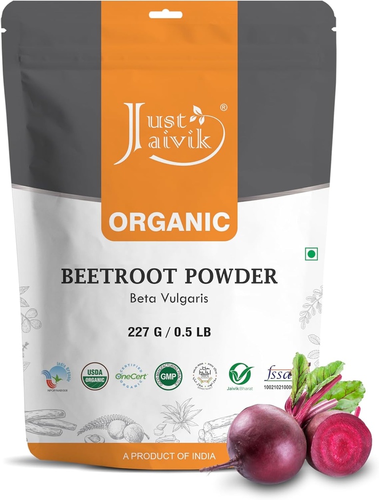 Just Jaivik Beetroot Powder Organic 227 gm / 0.5 lb | Natural Nitric Oxide Booster | Superfood for Healthy Heart | Supports Blood Circulation & Stamina |Gluten Free & Vegan