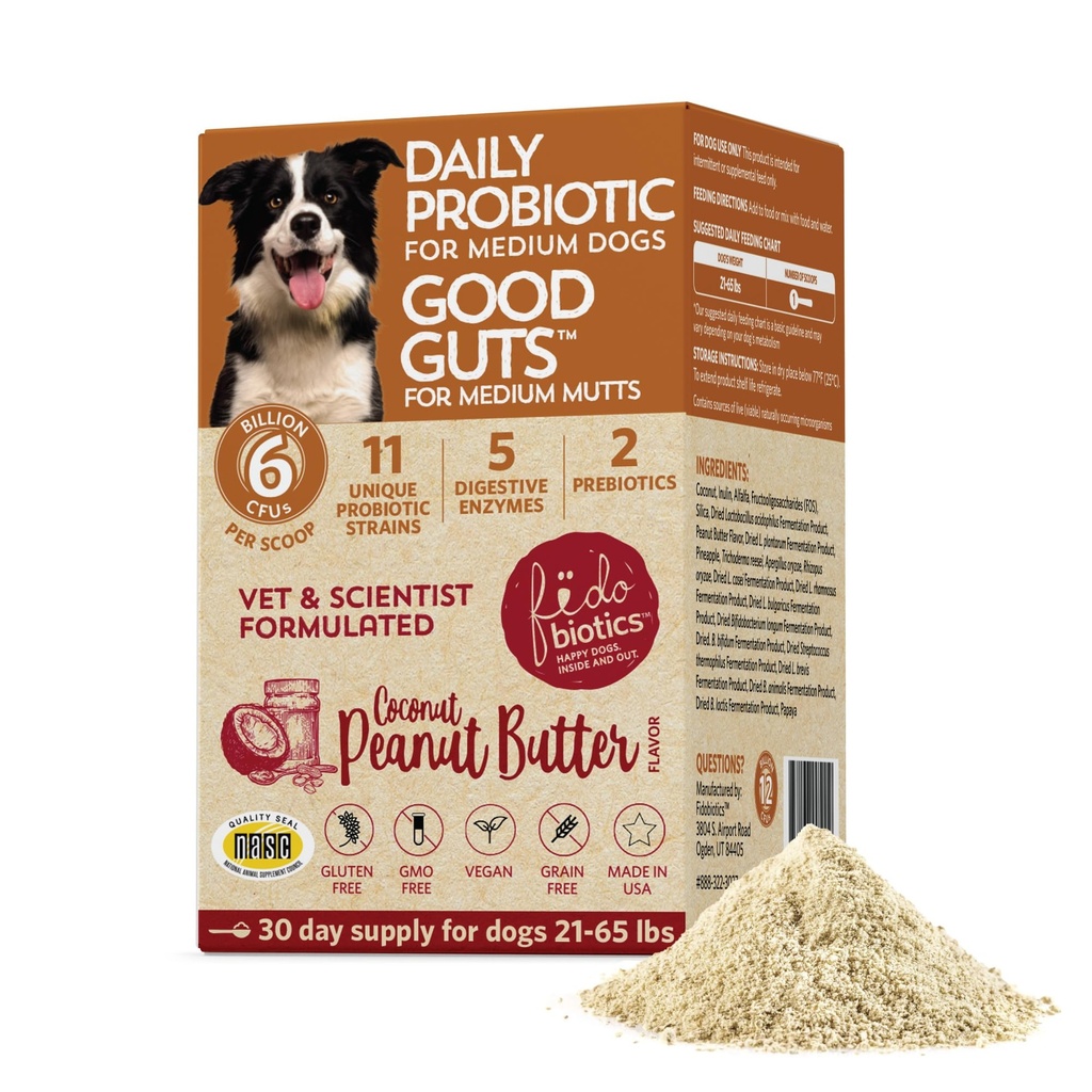 Fidobiotics Good Guts Probiotics for Dogs – Dog Probiotic Powder for Digestive Health, Gas Relief & Firmer Stools, 6B CFUs, Enzymes & Prebiotics, Medium Dogs, Puppies & Adults